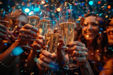 Friends clinking champagne glasses in a celebratory toast amongst a lively party atmosphere with confetti