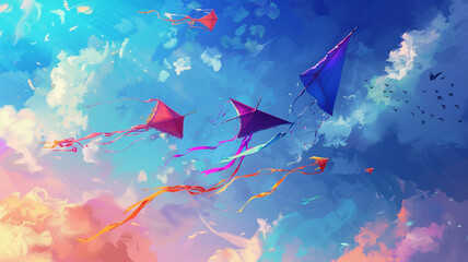 Colorful kites soaring high in the summer sky, their tails trailing behind them in the breeze.