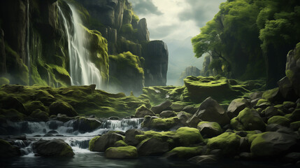 waterfall in the beautiful green  mountain - obrazy, fototapety, plakaty