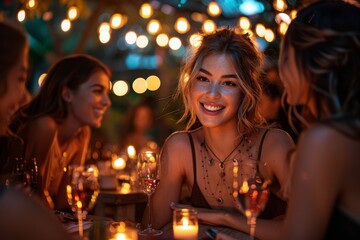 Obraz na płótnie Canvas Gorgeous young woman with a beaming smile enjoying a candle-lit dinner with friends