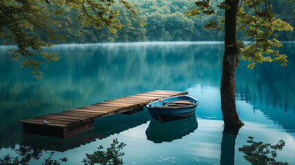 A tranquil lake with a dock and boats floating on its surface. - obrazy, fototapety, plakaty