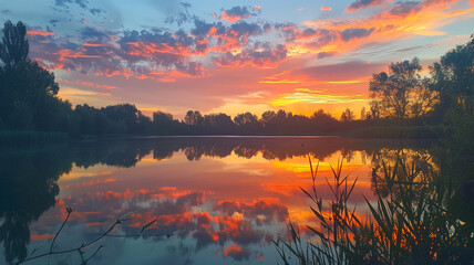 A serene lake reflecting the vibrant hues of a fiery summer sunset.