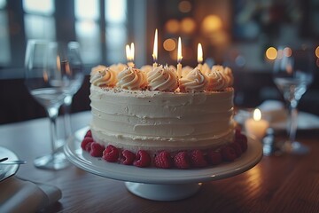 An exquisite cake topped with fresh raspberries and candles, ideal for an upscale celebration