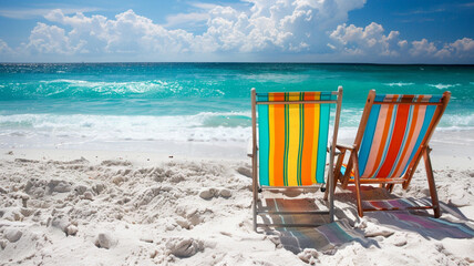 A pair of colorful beach chairs sitting empty on the sand, facing out towards the sparkling ocean.
