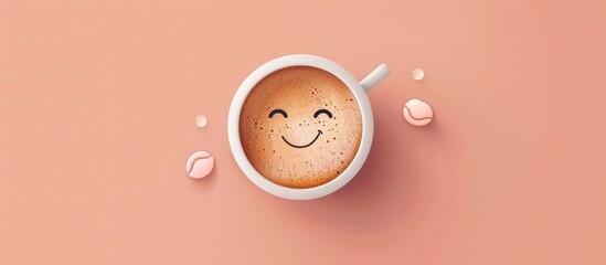 A wooden cup with a happy face button drawn on it, resembling a fashion accessory. The smiley face is in a circle shape, with metal eyelashes, giving it a unique and quirky design - obrazy, fototapety, plakaty
