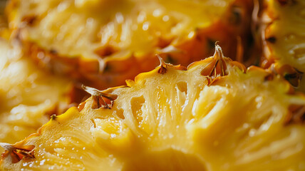 A close-up of a juicy slice of ripe pineapple with its spiky exterior.