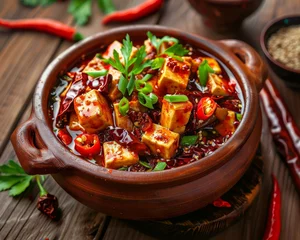 Fotobehang Spicy Mapo Tofu served in a clay pot vibrant Szechuan peppers © WARIT_S