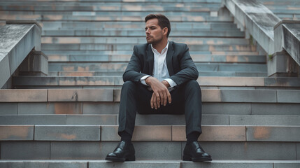 Upset and worried businessman sitting on stairs after being laid off from job or bankruptcy