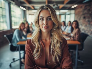 A woman with long blonde hair stands in front of a group of people in a conference room. She is wearing a brown jacket and she is confident and assertive. The scene suggests a professional setting - obrazy, fototapety, plakaty
