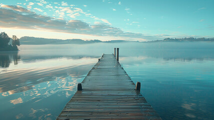 A tranquil lakeside pier stretching into calm waters, inviting a leisurely stroll. - obrazy, fototapety, plakaty