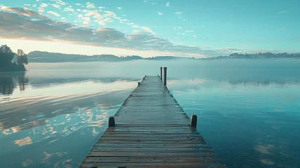 Fototapete Rund A tranquil lakeside pier stretching into calm waters, inviting a leisurely stroll. © CREATER CENTER