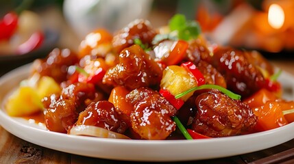 Sweet and Sour Pork glistening with sauce pineapple chunks - obrazy, fototapety, plakaty