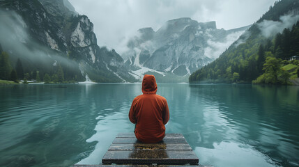 A man sits on a wooden raft in a lake, wearing a red jacket. AI. - obrazy, fototapety, plakaty