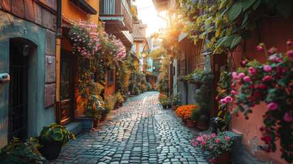 A narrow cobblestone street lined with potted plants and flowers. AI. - obrazy, fototapety, plakaty