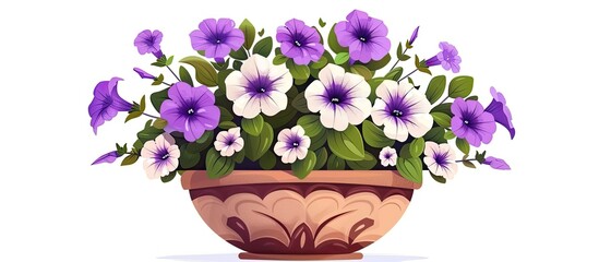 In the container, colorful flowers blossom delicately, displaying hues of purple and white.