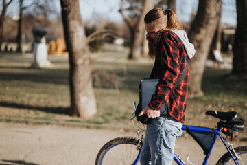 Fototapeta premium A bearded businessman in casual attire holding a laptop while standing beside his bicycle in an urban park, exemplifying remote work flexibility.