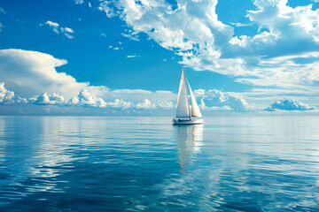 Sailboat sailing free on the big blue sea with a blue sky with clouds and copy space wallpaper