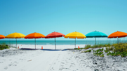 Colorful beach umbrellas lining a sandy shore under a clear sky.