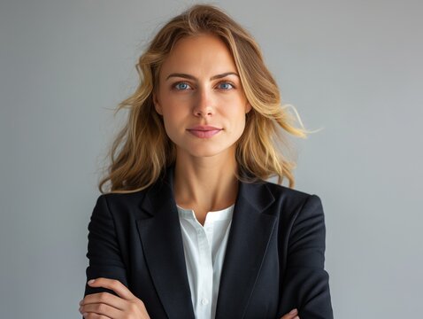 A woman in a business suit is posing for a photo. She has a confident and professional demeanor