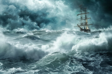 Ship sailing in sea storm, furious ocean waves on a dangerous voyage with copy space wallpaper