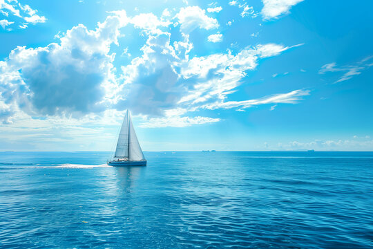 Sailboat sailing on the big blue, calm sea with clear sky with some clouds and copy space wallpaper