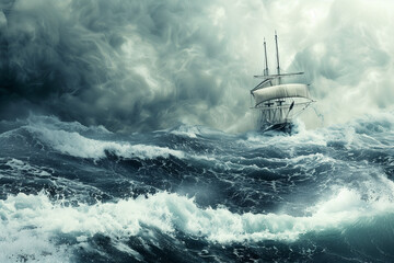 Ship sailing in stormy seas, lost in the endless ocean in its dangerous waves of ocean fury with copy space wallpaper - obrazy, fototapety, plakaty