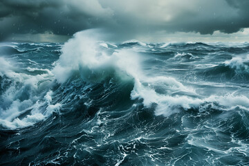 Storm at sea, ocean fury with huge waves and a gray sky with copy space wallpaper