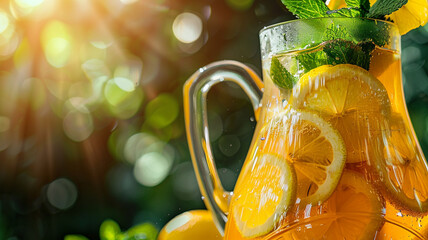 A close-up of a refreshing iced tea pitcher with lemon slices and mint.