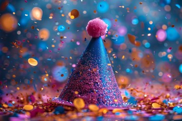 A shiny blue party hat with a pink pom-pom amongst a lively backdrop of falling colorful confetti