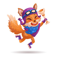 Cartoon fox as a biker, racer, winner is jumping with trophy cup. Vector illustration.