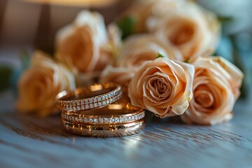 Rich golden wedding bands displayed on a wood surface surrounded by elegant cream roses signify eternal love and devotion