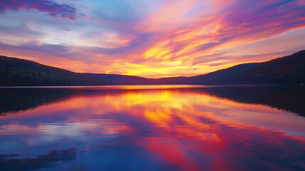 Fototapeta na wymiar A tranquil lake reflecting the vibrant colors of a picturesque sunset sky.