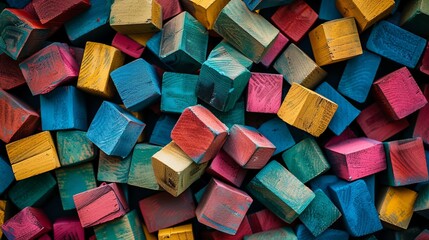 Fototapeta premium Top View of Many Colored Toy Blocks