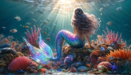 Beautiful Mermaid with Iridescent Tail Amidst Coral Reef and Marine Life - Fantasy 4K Wallpaper - obrazy, fototapety, plakaty