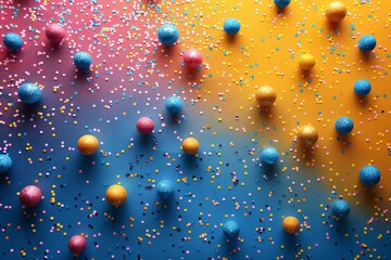 Vibrant colored spheres and a rain of confetti create a joyful and festive mood on a gradient blue...