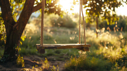 A rustic wooden swing hanging from a tree branch, gently swaying in the summer breeze.