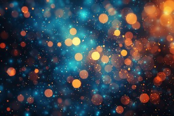 Captivating bokeh effect with particle accents in blue and orange, suggests vibrancy and motion