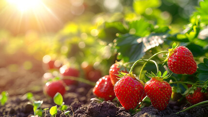 A cluster of ripe strawberries growing in a sun-kissed garden. - Powered by Adobe