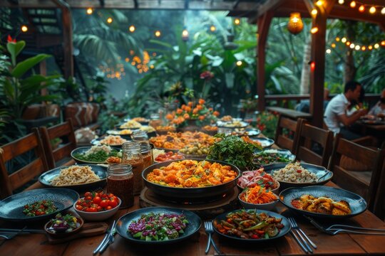 An exotic and bountiful buffet laid out in a lush outdoor garden setting, inviting and vibrant