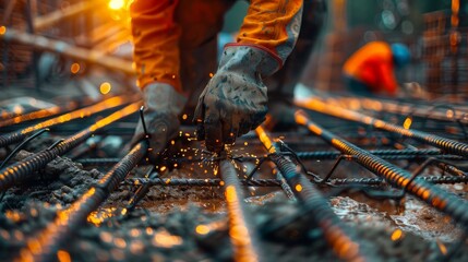 Snapshot of a rebar joint being secured by an ironworker, capturing the essence of steel binding work - obrazy, fototapety, plakaty