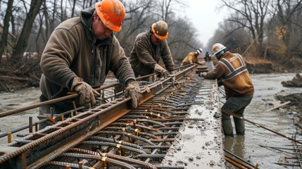 Behind-the-scenes look at rebar tying for bridges, showcasing the teamwork involved in steel rebar construction - obrazy, fototapety, plakaty