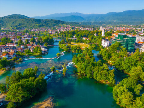 Panorama of rapids on river una in Bosnian town Bihac