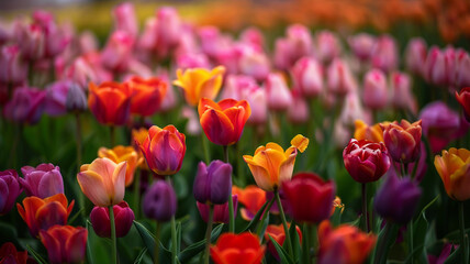 A vibrant field of tulips in various colors, creating a beautiful display.
