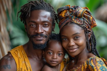 A close-up portrait of a family with African heritage in traditional attire