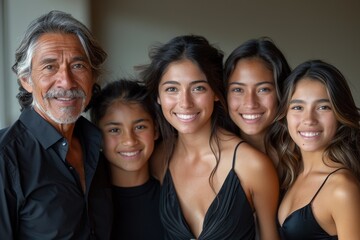 Fototapeta premium A loving family portrait with a senior man and four daughters smiling happily