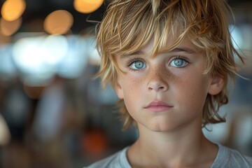 A young boy with sandy hair displaying a serious expression in an airy environment - obrazy, fototapety, plakaty
