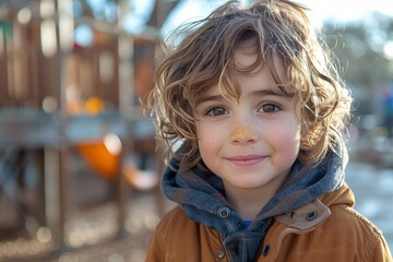 Happy boy with curly hair smiling in front of a playground setting during sunny day