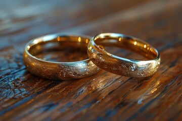 Two textured golden wedding rings resting on a rich wooden surface, symbolizing love and commitment