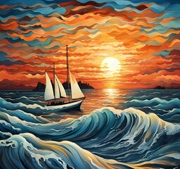 colorful seascape with sailboat on the sea - obrazy, fototapety, plakaty