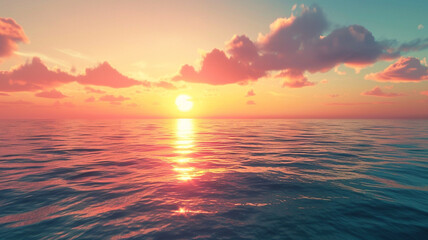 A vibrant sunset casting warm hues over a calm ocean horizon. - obrazy, fototapety, plakaty